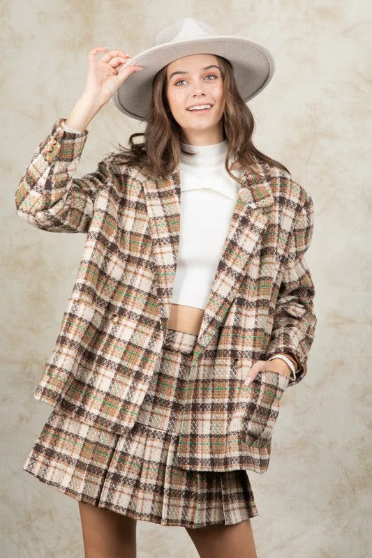 Taupe Mix Plaid Casual Wool Preppy Shacket Jacket Blazer/Skirt/Set