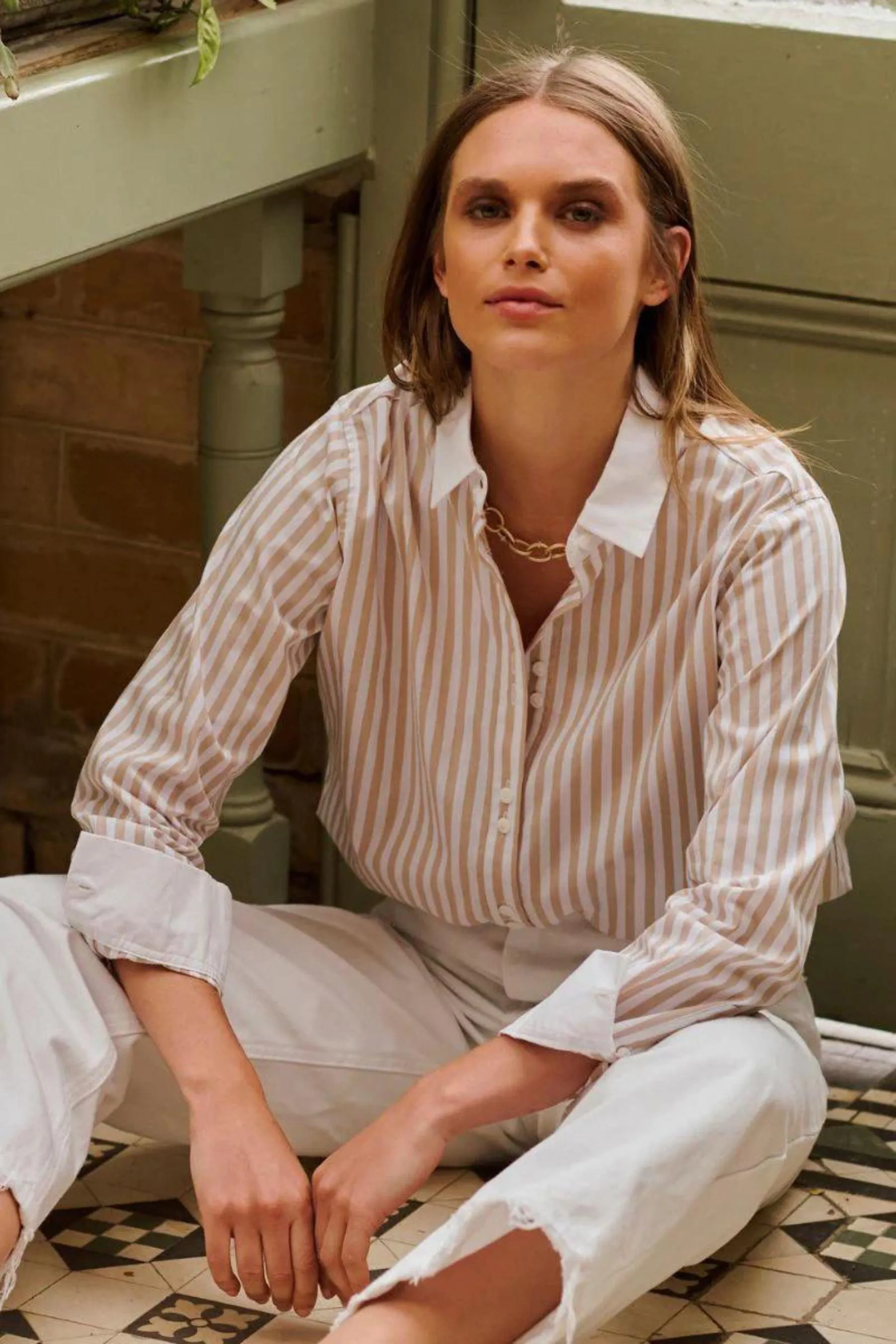 The Bianca Classic Banker Shirt | Stone Stripe