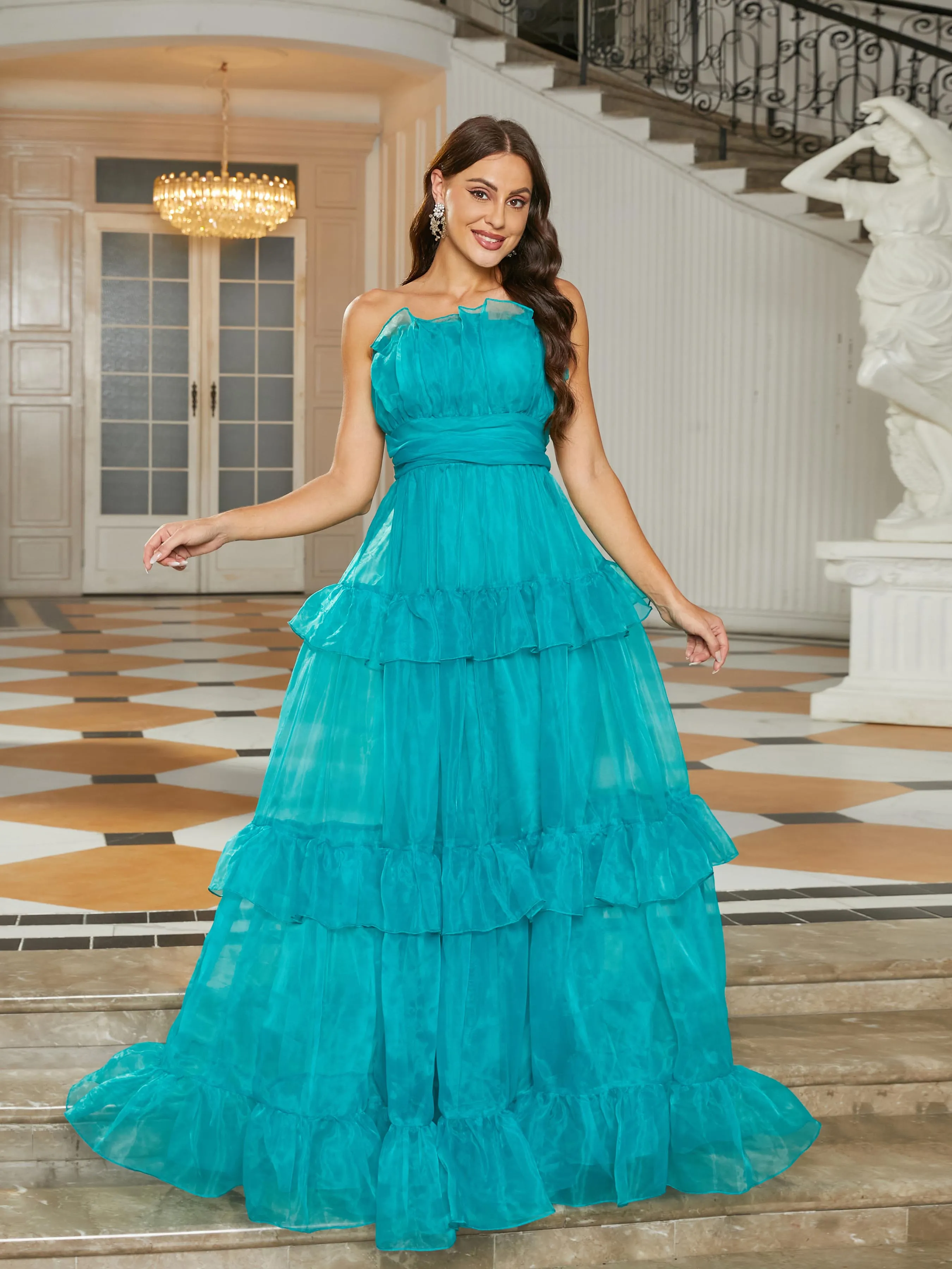 Tobe Top Ruffled Tulle Maxi Green Prom Dress  RJ11108