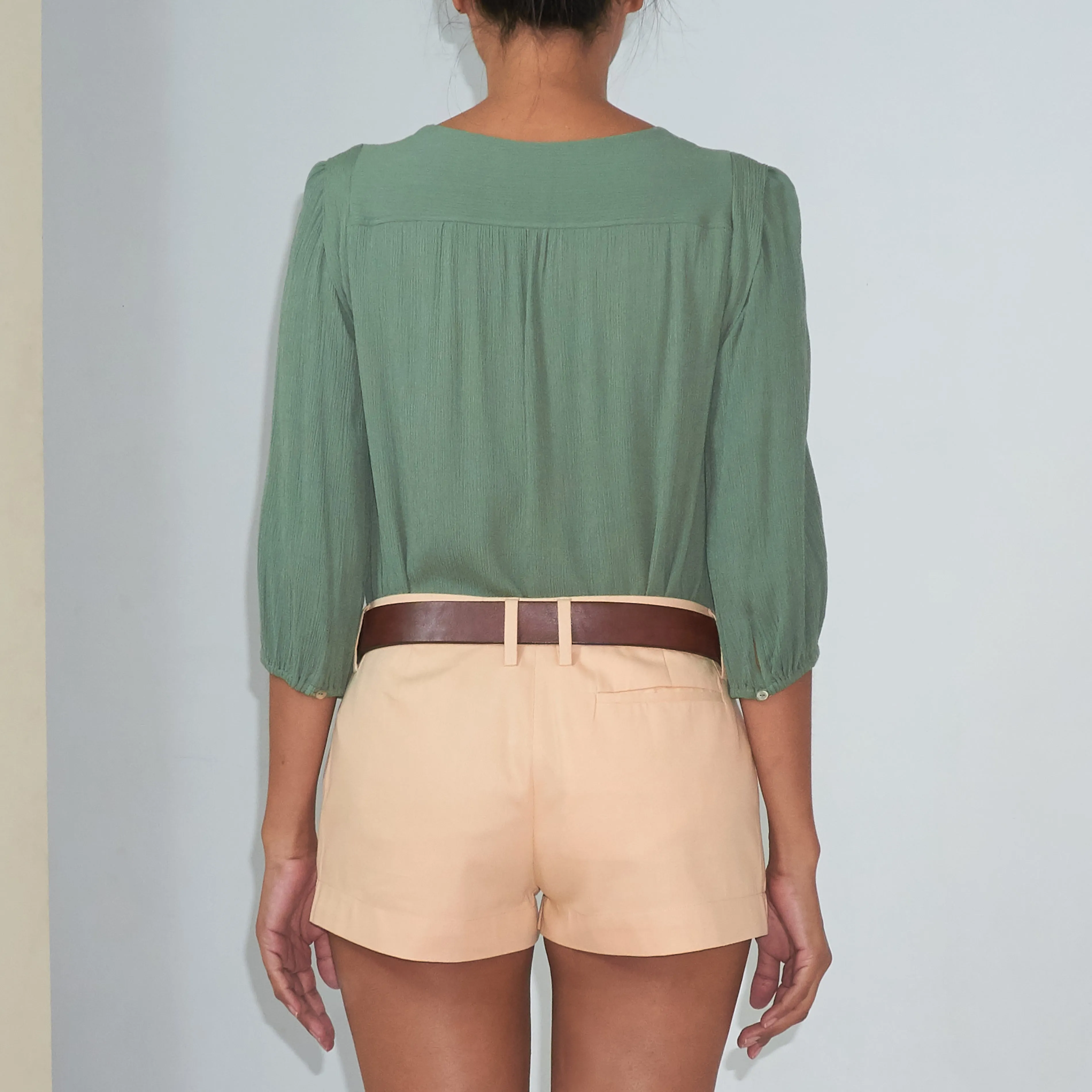 TRANSIT 3/4 SLEEVE TOP - Crinkled Rayon | Light Olive Green