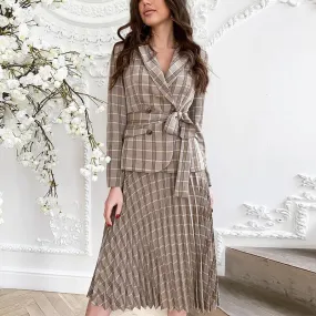 Two-piece Vintage Pleated Belt Plaid Elegant Office Ladies Blazer Long Sleeve Midi Dress