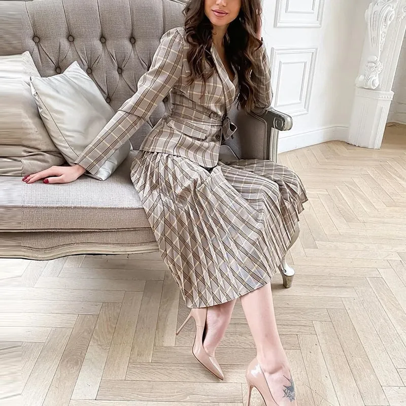 Two-piece Vintage Pleated Belt Plaid Elegant Office Ladies Blazer Long Sleeve Midi Dress