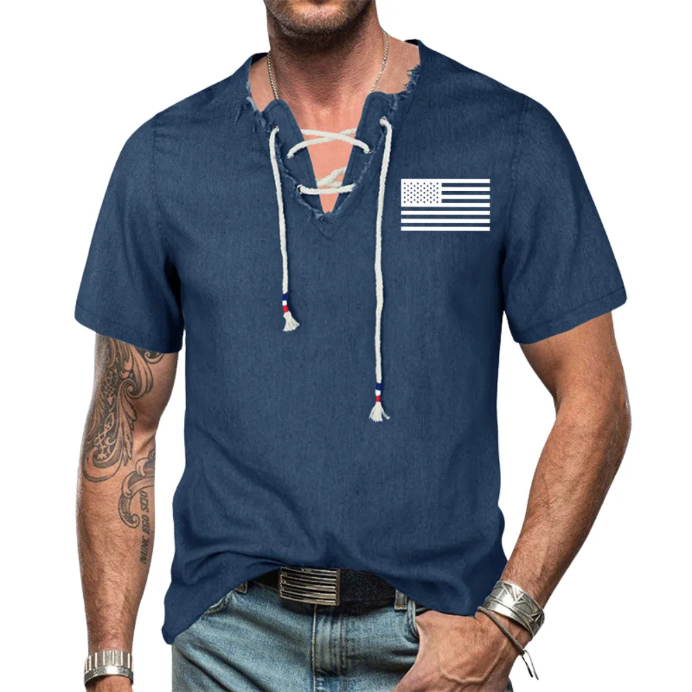 UAS FLAG  V-NECK LACE UP TASSEL DENIM HENRY T-SHIRT TOP