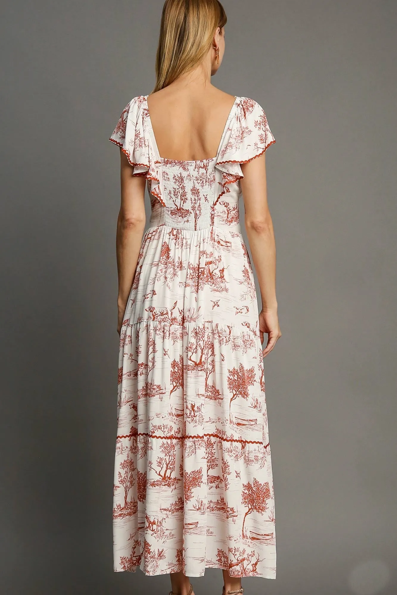 Umgee Two Toned Landscape Print Maxi Dress in Red