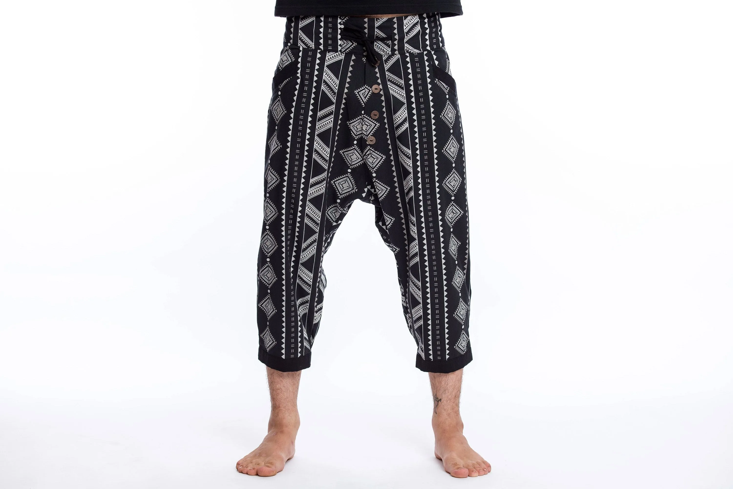 Unisex Diamonds Harem Pants with Faux Buttons in Black