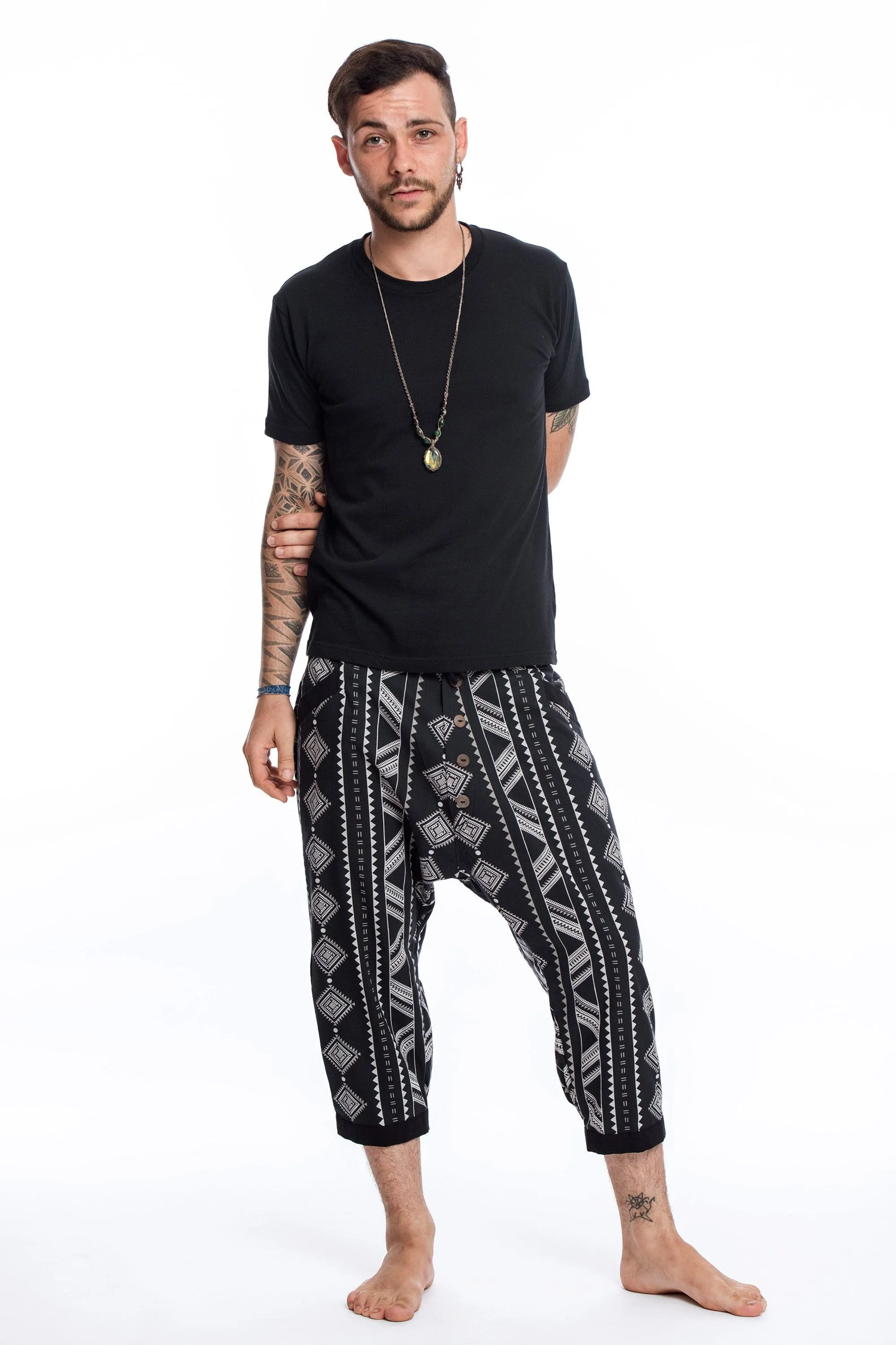 Unisex Diamonds Harem Pants with Faux Buttons in Black