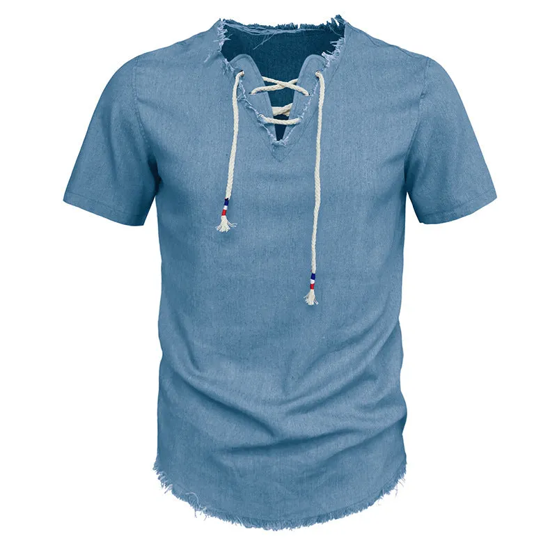 V-NECK LACE UP TASSEL DENIM HENRY T-SHIRT TOP