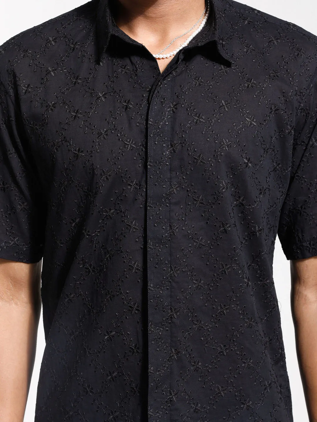 VASTRAMAY Men's Black Cotton Ethnic Shirt