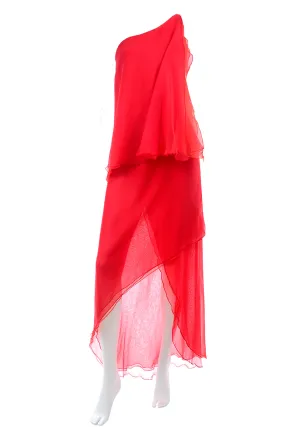 Victor Costa Vintage Red Chiffon Asymmetrical One Shoulder Evening Dress