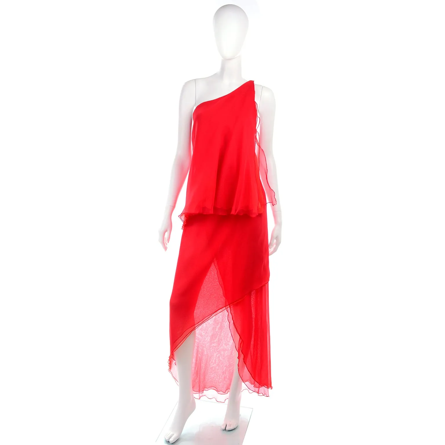 Victor Costa Vintage Red Chiffon Asymmetrical One Shoulder Evening Dress