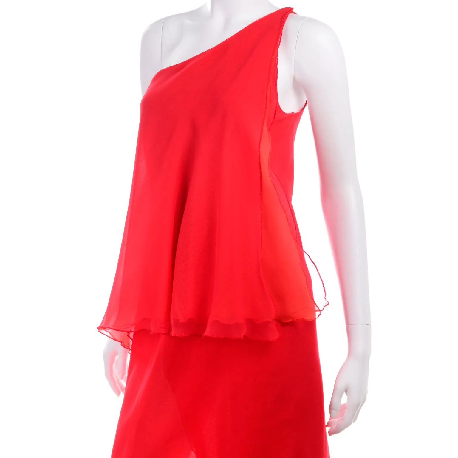 Victor Costa Vintage Red Chiffon Asymmetrical One Shoulder Evening Dress