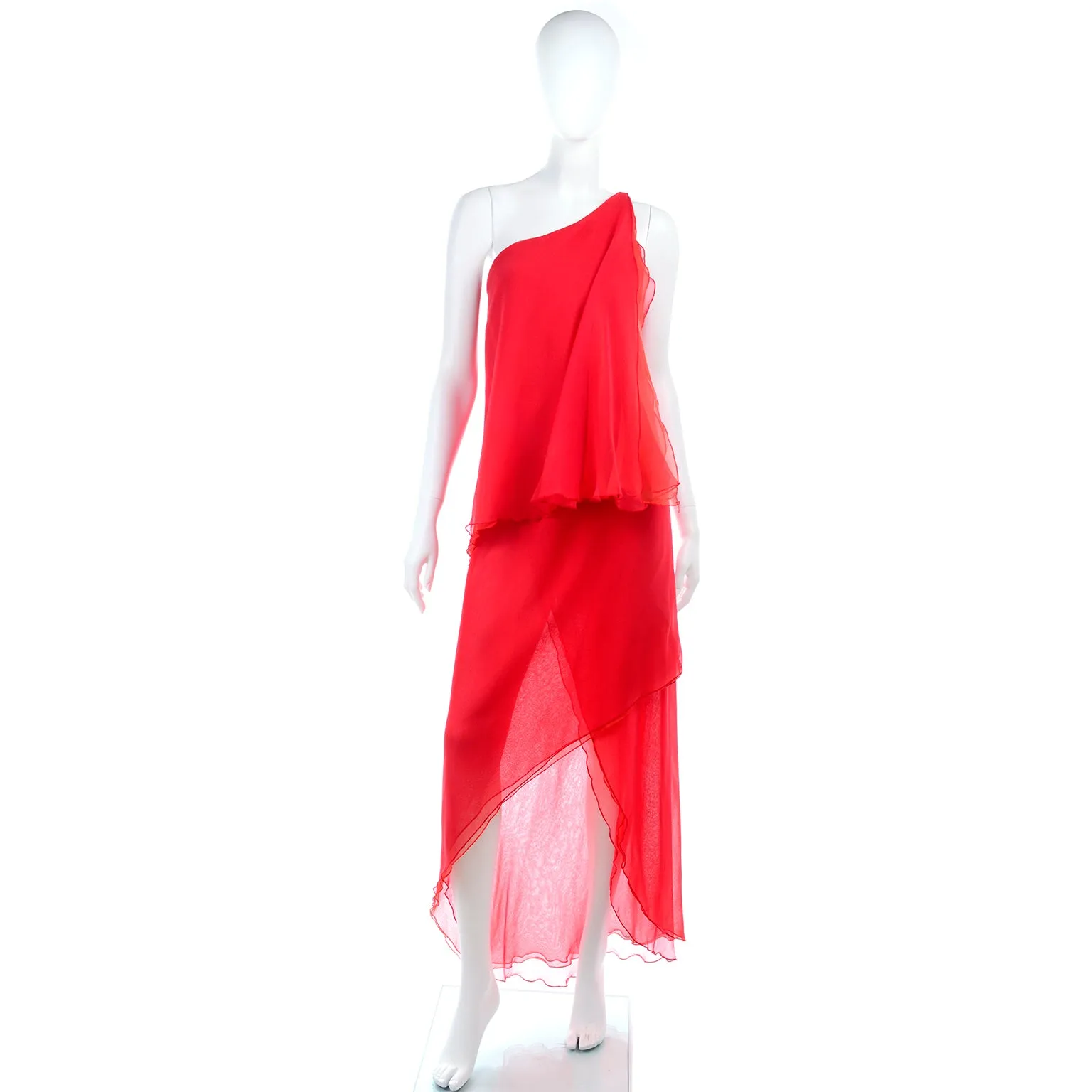 Victor Costa Vintage Red Chiffon Asymmetrical One Shoulder Evening Dress