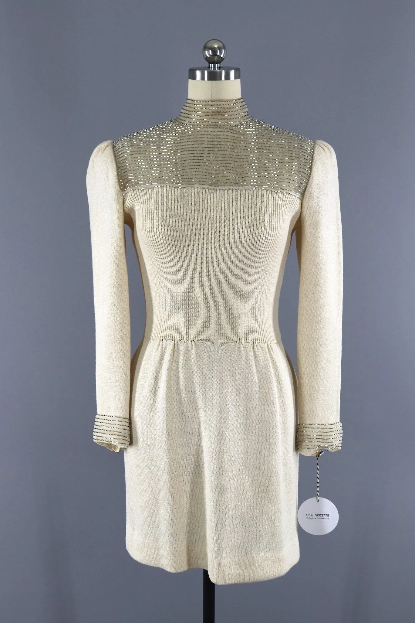 Vintage 1980s Beaded Ivory Knit Sweater Dress / Marie Gray St. John