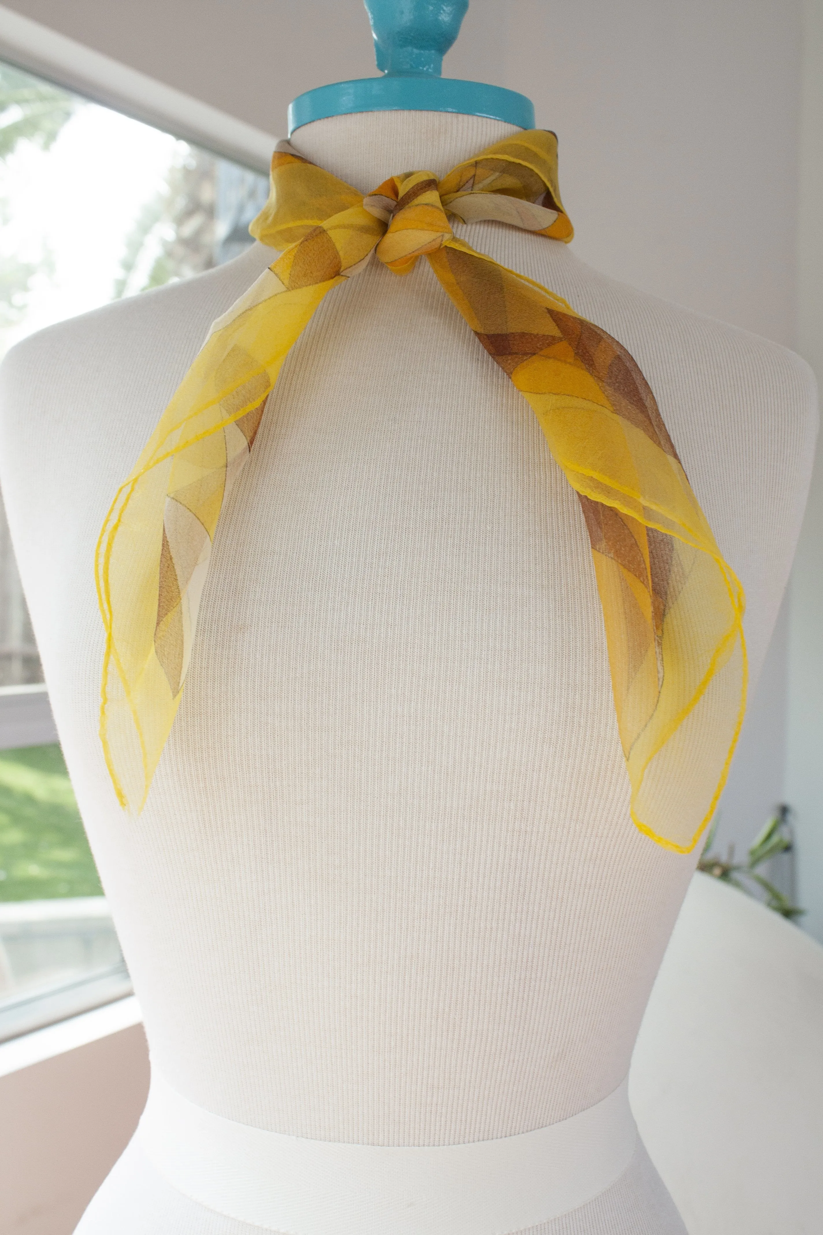 Vintage 70's Dreamy Sheer Yellow & Brown Geometric Print Scarf