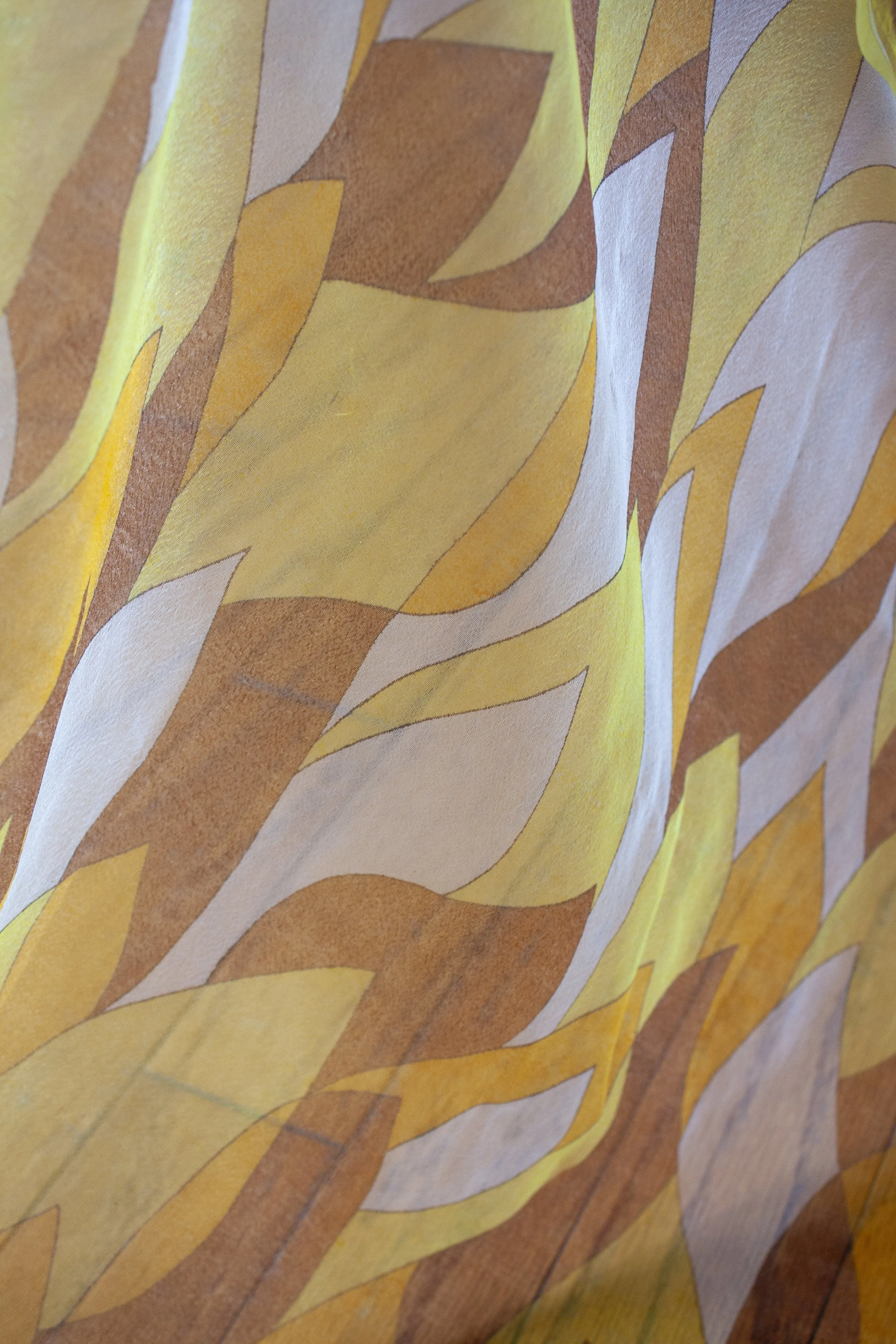 Vintage 70's Dreamy Sheer Yellow & Brown Geometric Print Scarf