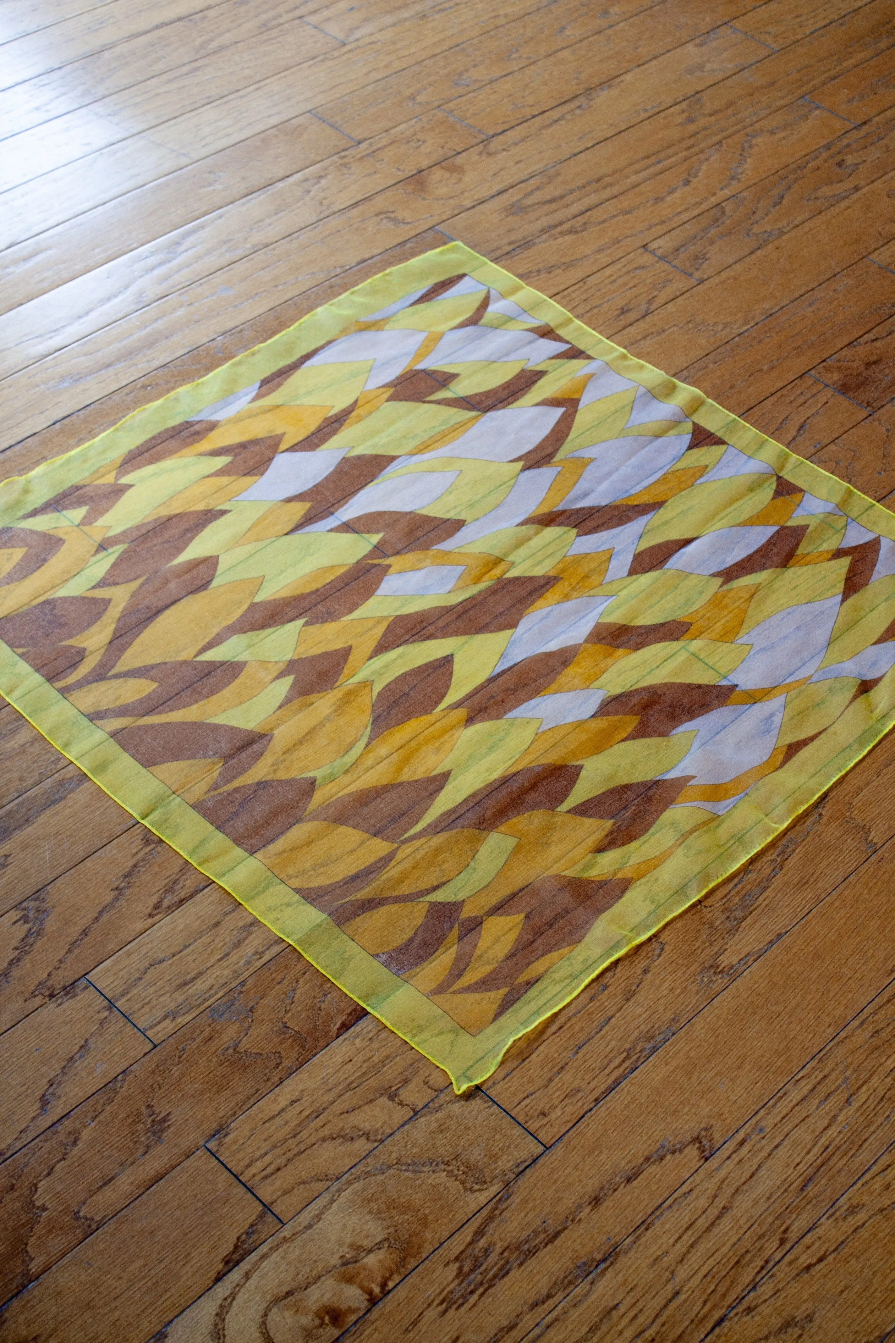 Vintage 70's Dreamy Sheer Yellow & Brown Geometric Print Scarf