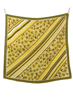 Vintage 70s Retro Mod Hippie Kitsch Yellow & Green Striped Floral Square Bandana Neck Tie Scarf