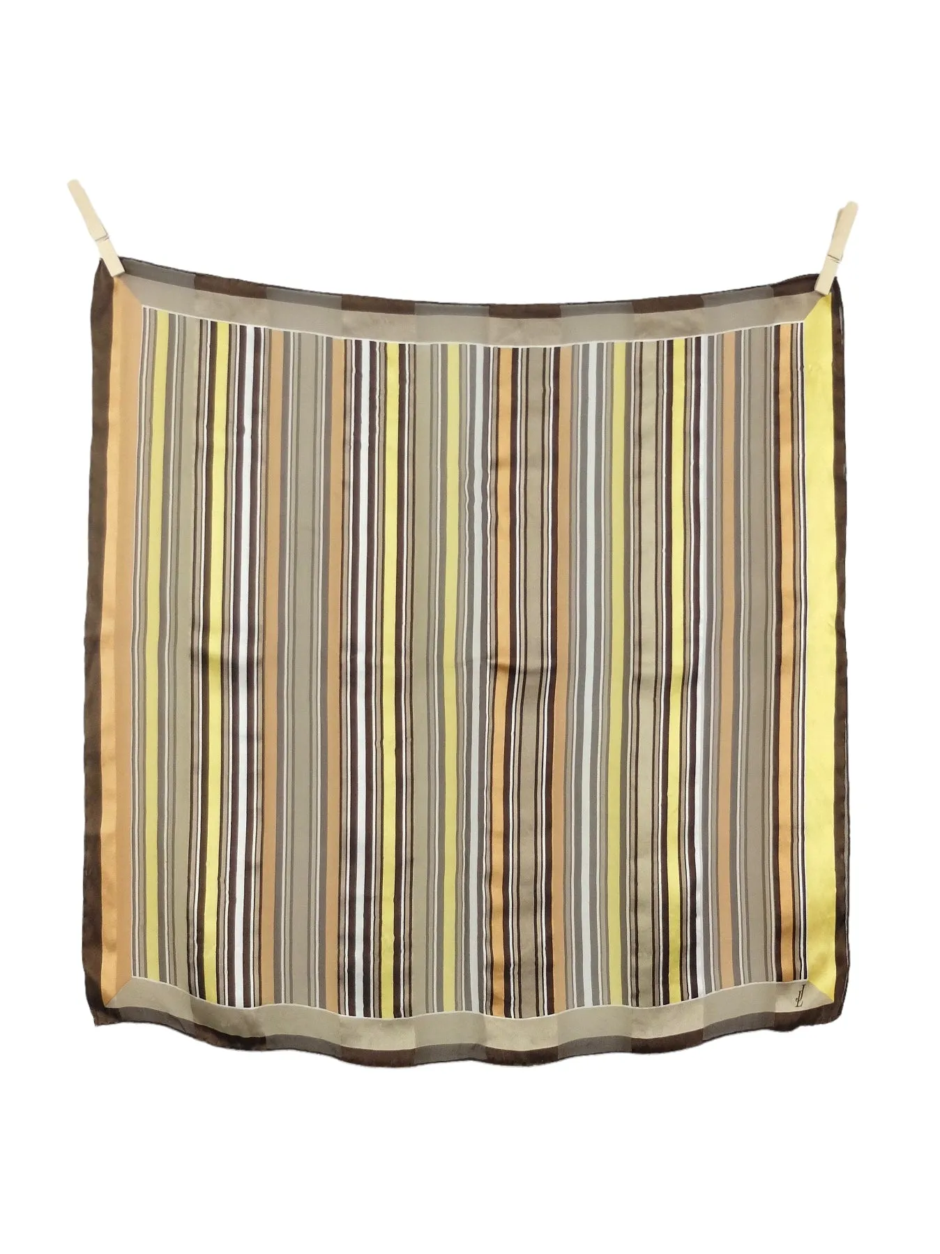 Vintage 70s Silk Mod Retro Brown & Yellow Striped Square Bandana Neck Tie Scarf with Hand-Rolled Hem