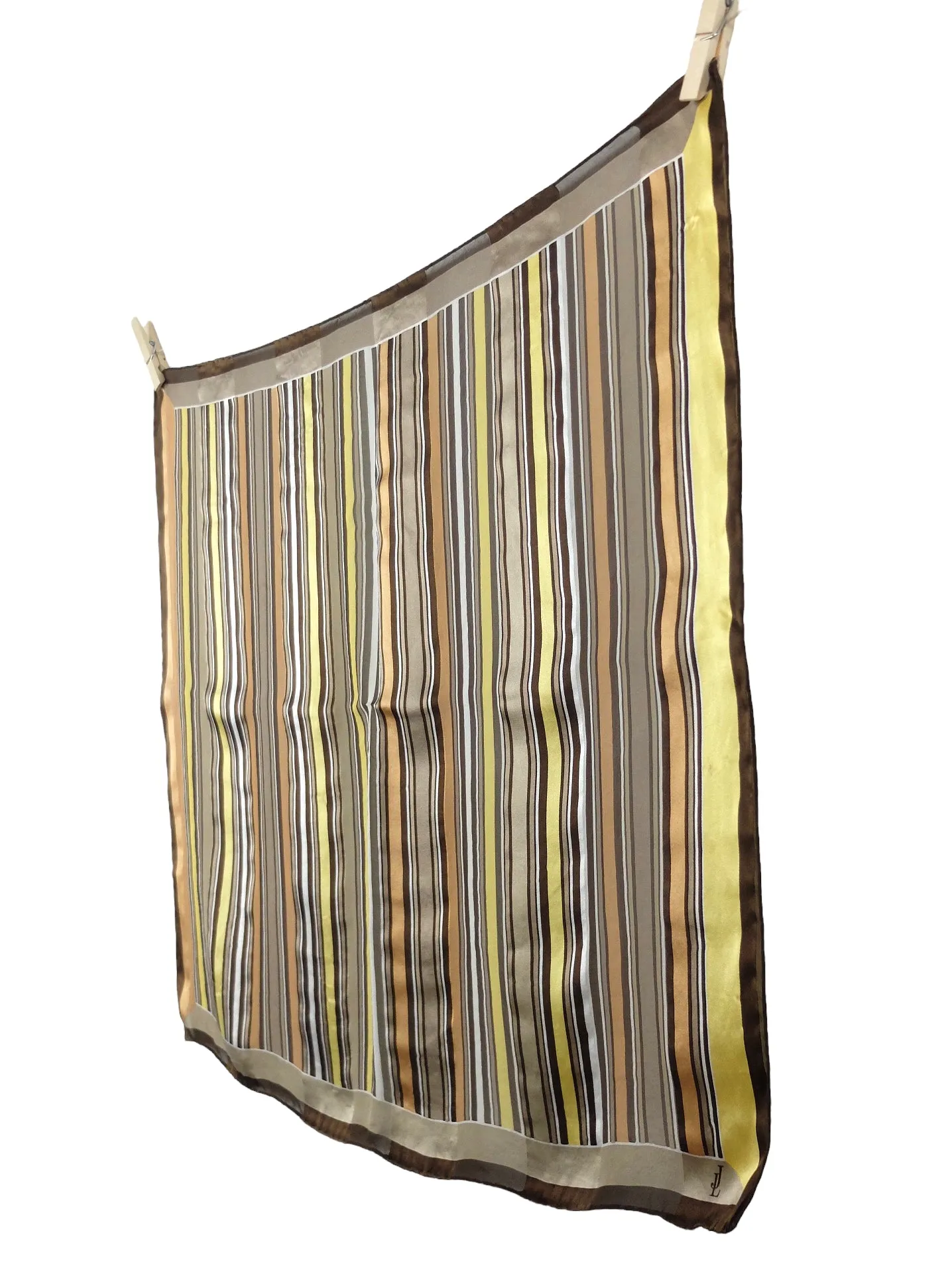 Vintage 70s Silk Mod Retro Brown & Yellow Striped Square Bandana Neck Tie Scarf with Hand-Rolled Hem