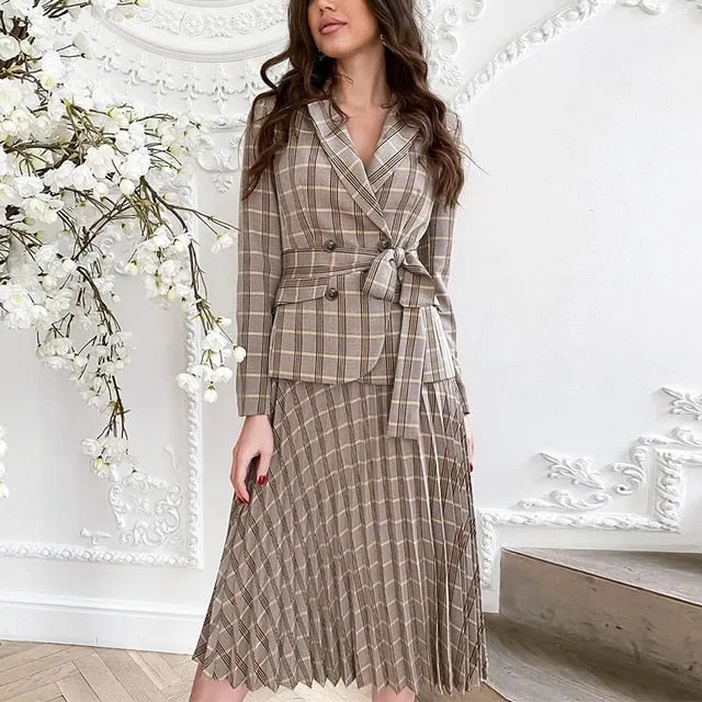 Vintage Pleated Belt Plaid Elegant Office Blazer Long Sleeve Midi Party Dress