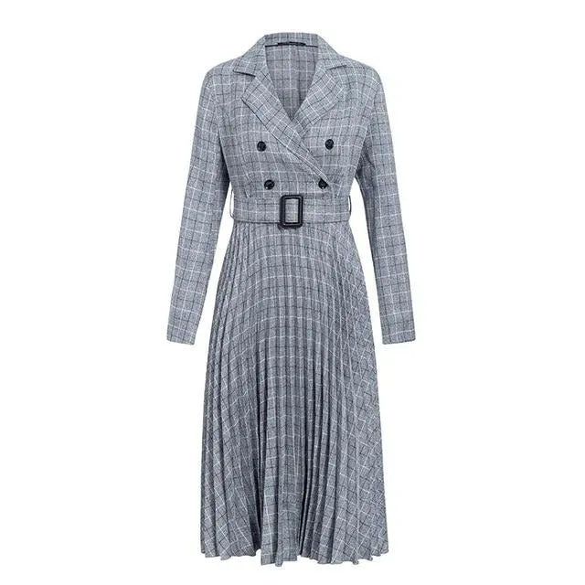 Vintage Pleated Belt Plaid Elegant Office Blazer Long Sleeve Midi Party Dress