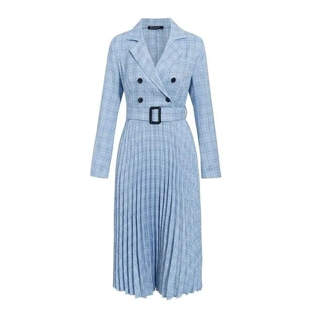 Vintage Pleated Belt Plaid Elegant Office Blazer Long Sleeve Midi Party Dress