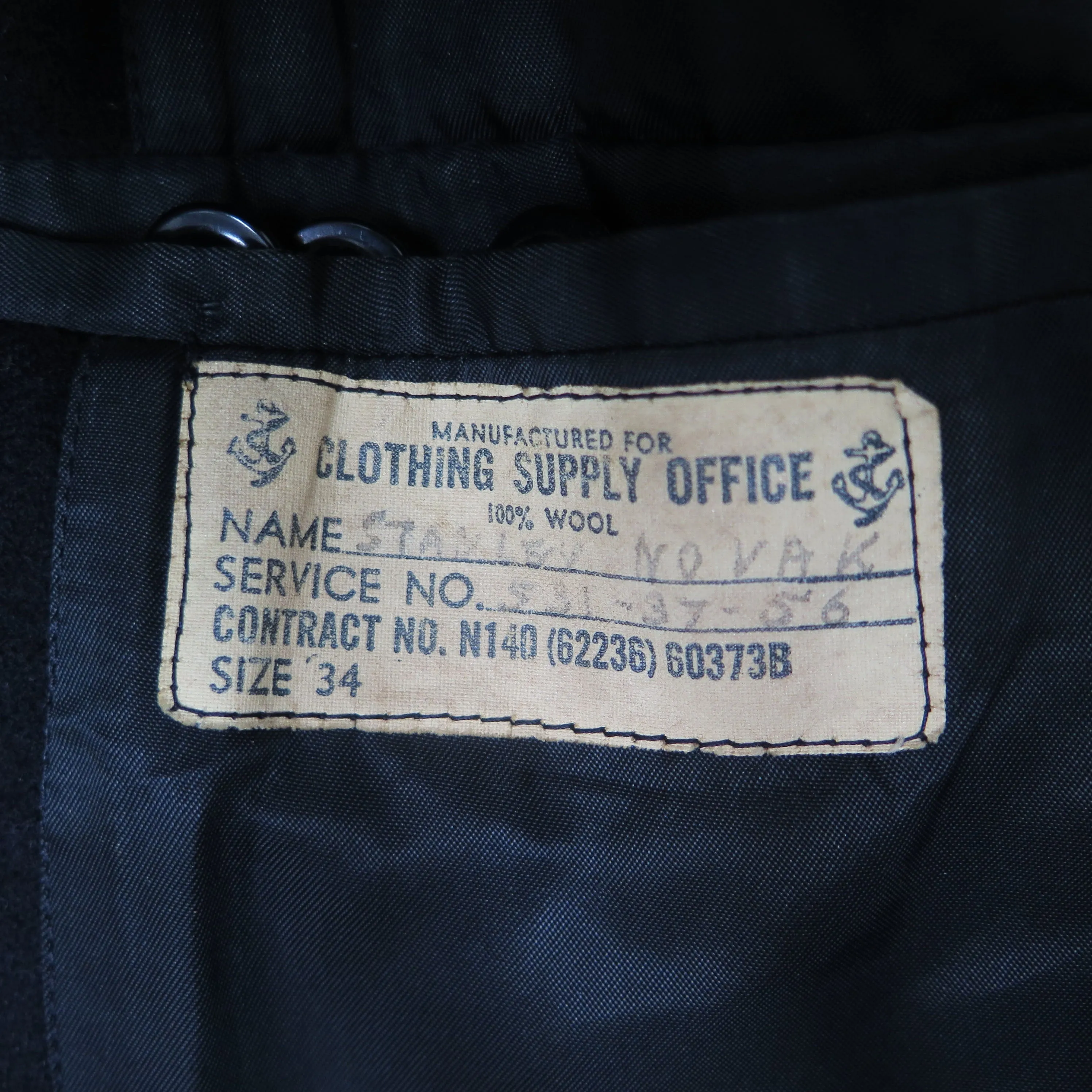 VINTAGE USN US NAVY PEACOAT 1960'S CLOTHING SUPPLY OFFICE SIZE 34 STENCILED