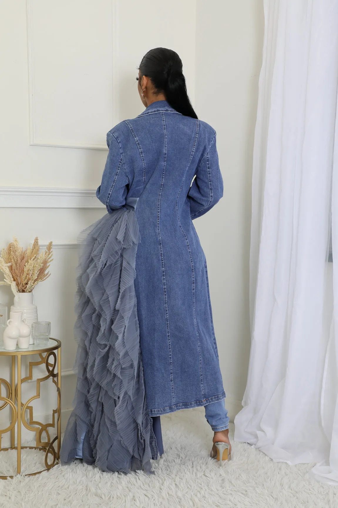 WATERFALL RUFFLE DENIM BLAZER-DRESS (DENIM BLUE)