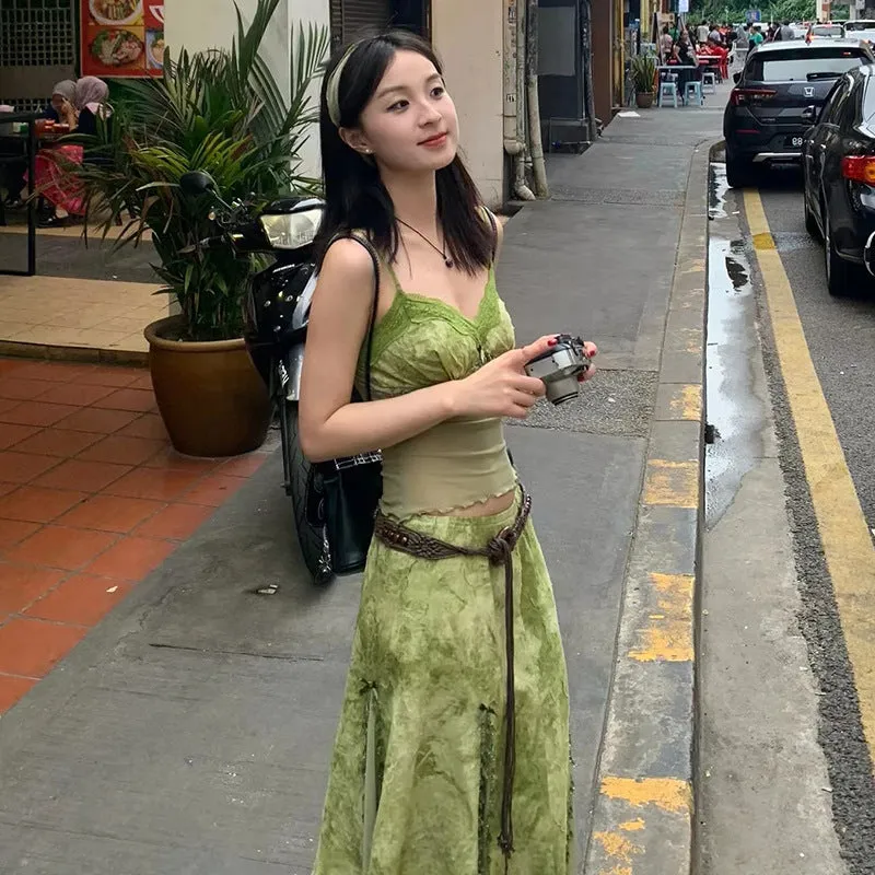 Wenkouban boho American-Style Retro Green Tie-Dyed Jacquard Sling Mesh Stitching Top Half-Length Midi Dress Summer New Two-Piece Set