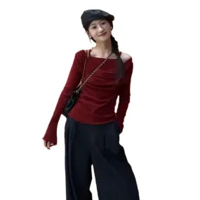 Wenkouban guys in skirts Casual Maxi Skirt Outfit Winter off-Shoulder Knitted T-shirt Women's Autumn Top Red