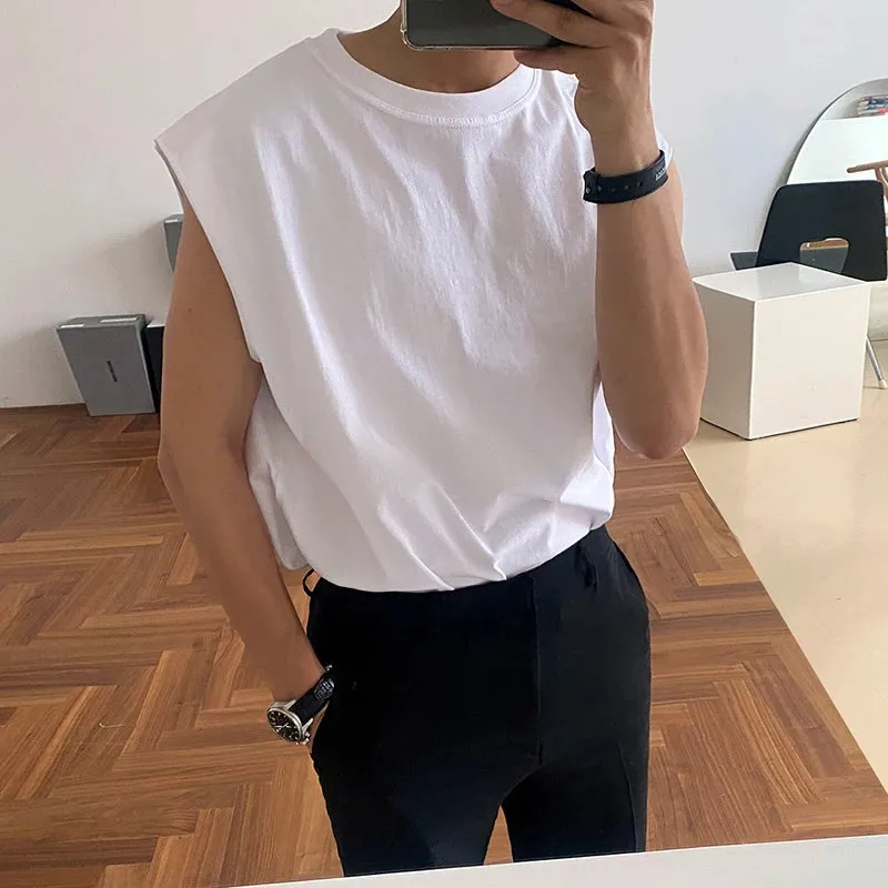 Wiaofellas  -  Summer Korean Style Men's Solid Color Cotton Vest Round Neck Pullover Tank Top Male New Men Clothing Niche Design