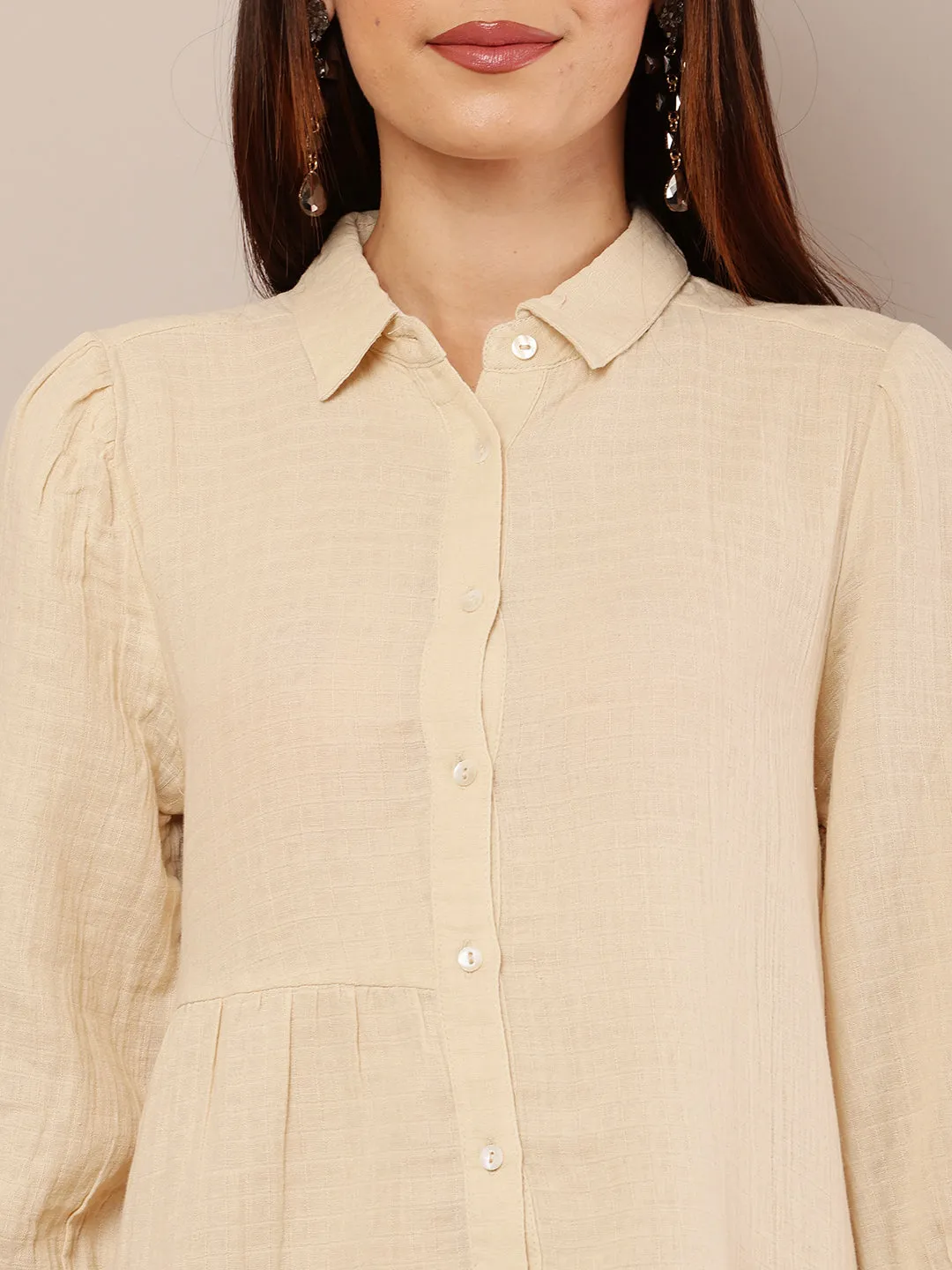 Women Beige Shirt Collar Mini Dress