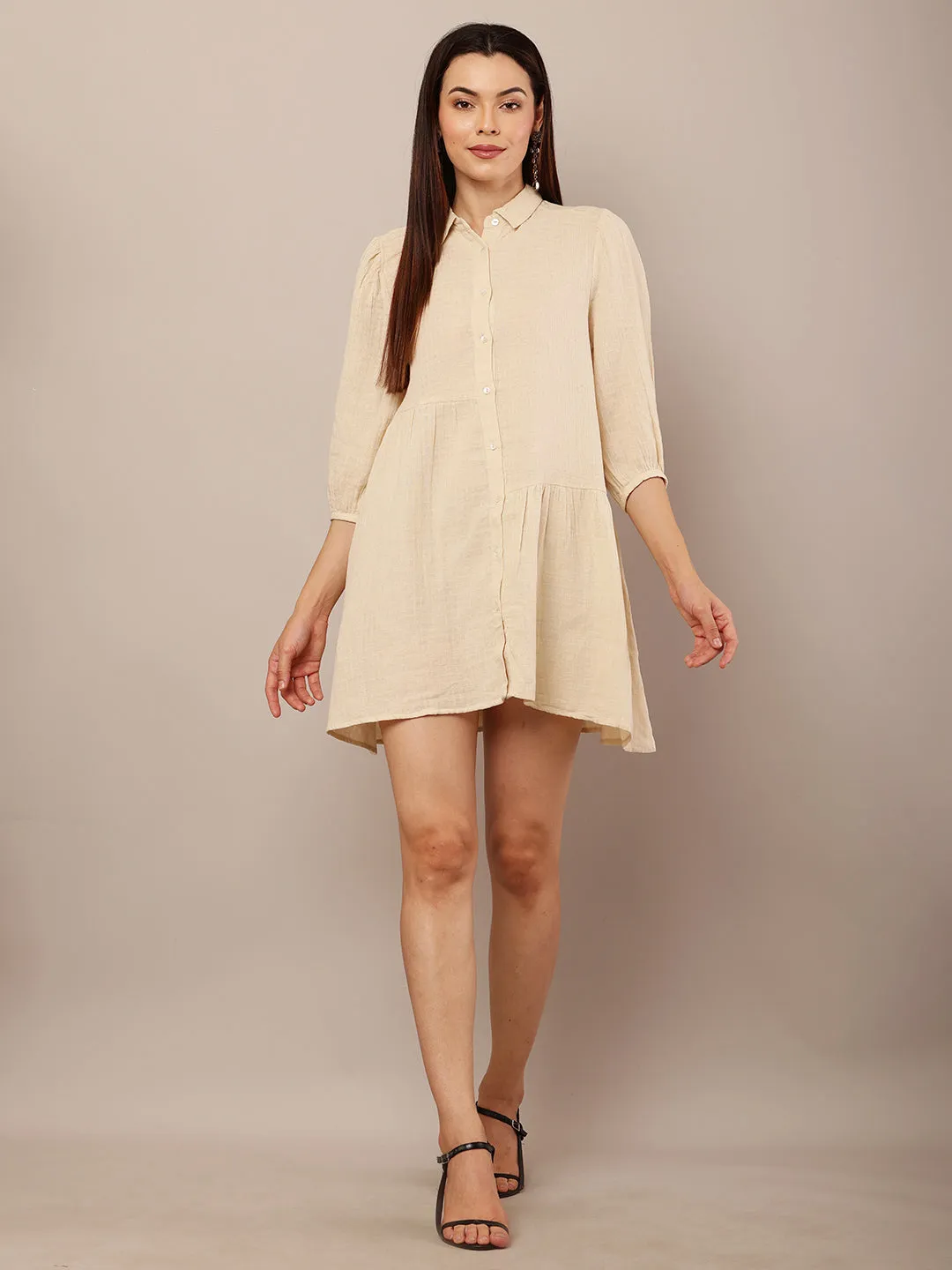 Women Beige Shirt Collar Mini Dress