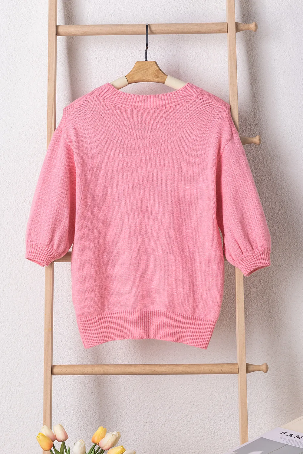 Women Pink Mom Letter Pattern Short Puff Sleeve Sweater