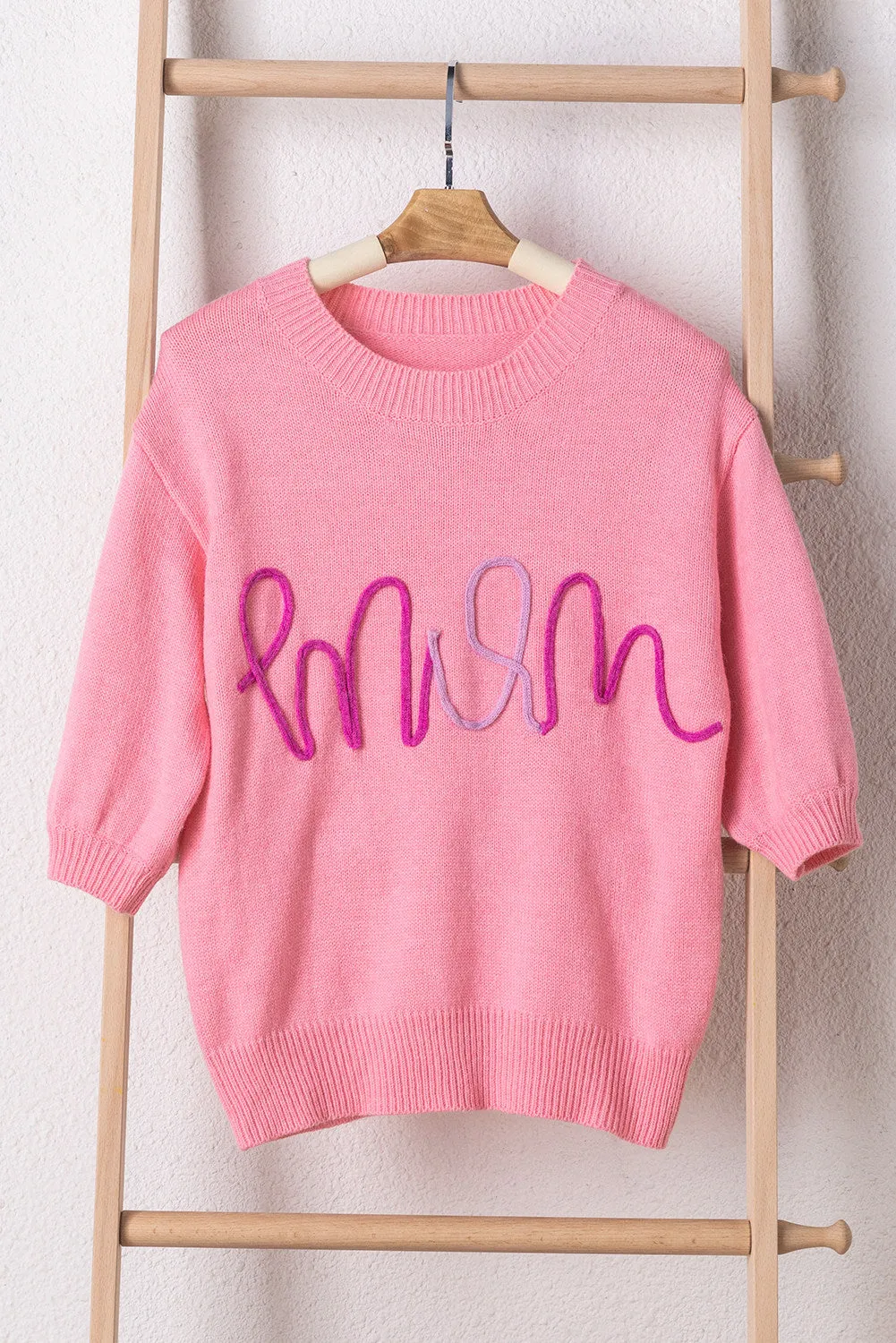 Women Pink Mom Letter Pattern Short Puff Sleeve Sweater