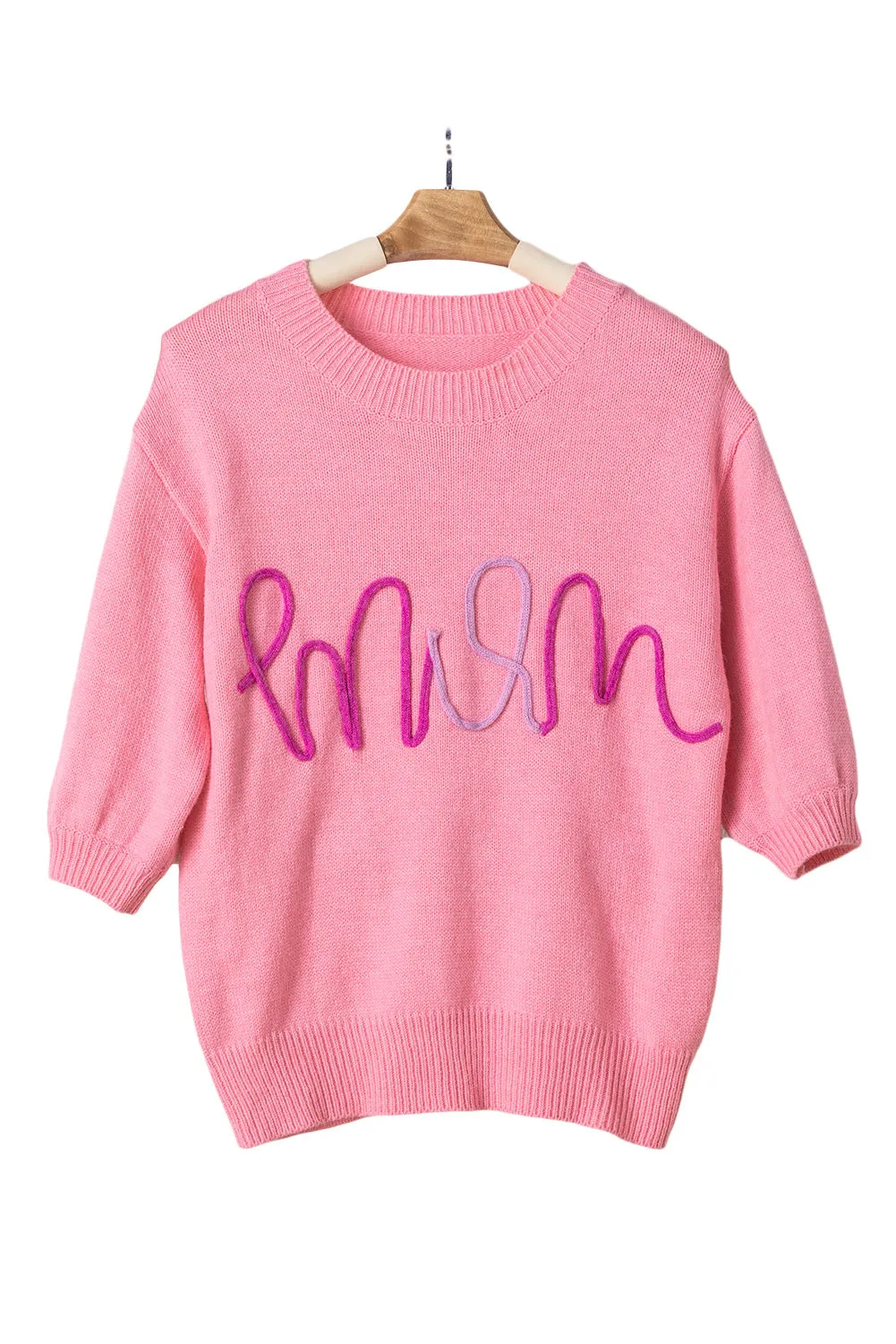 Women Pink Mom Letter Pattern Short Puff Sleeve Sweater