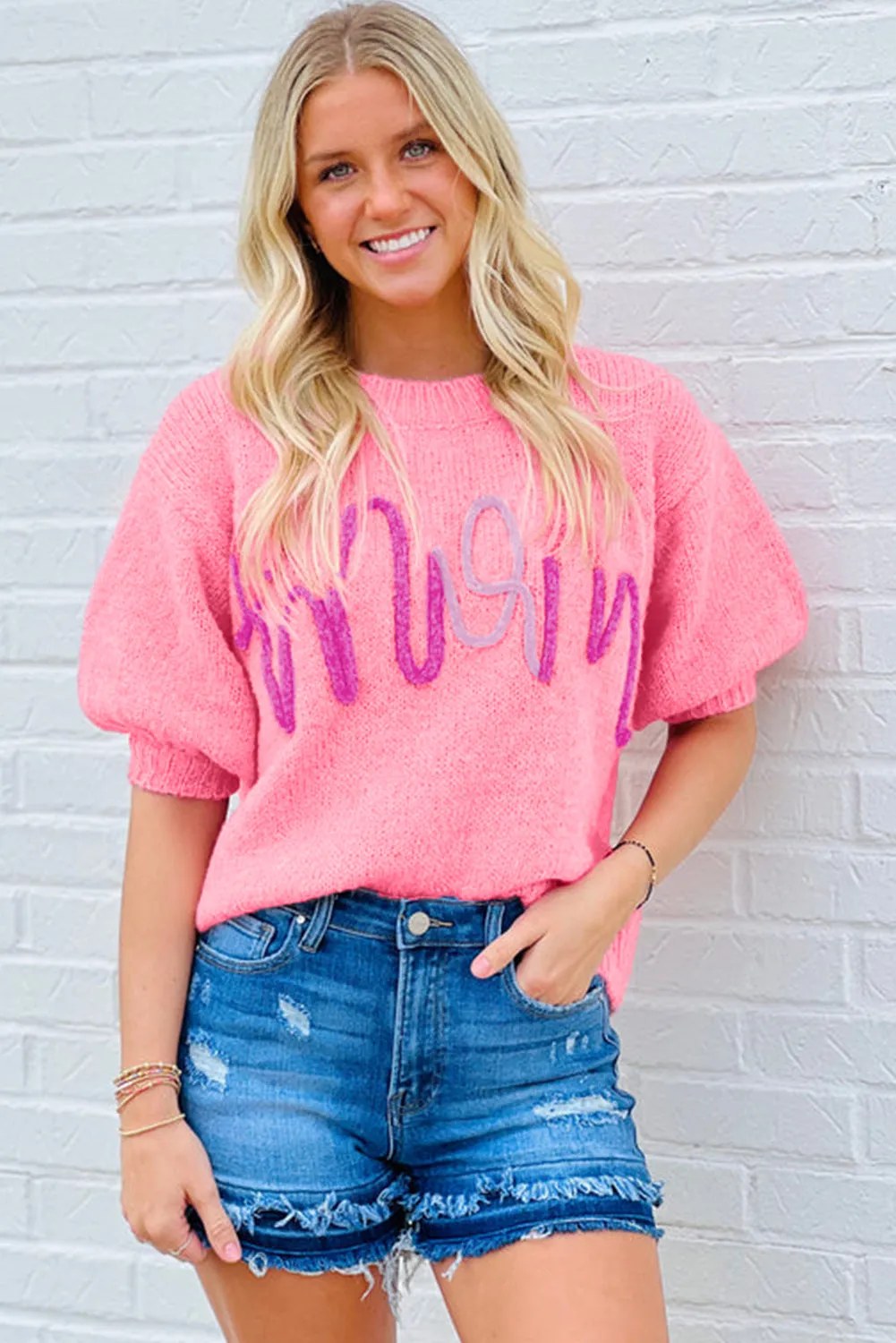 Women Pink Mom Letter Pattern Short Puff Sleeve Sweater