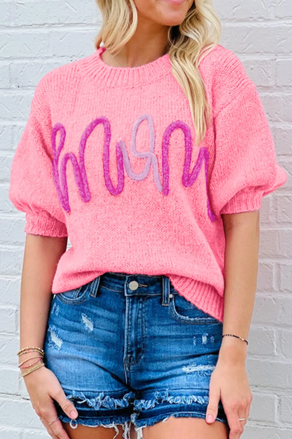 Women Pink Mom Letter Pattern Short Puff Sleeve Sweater