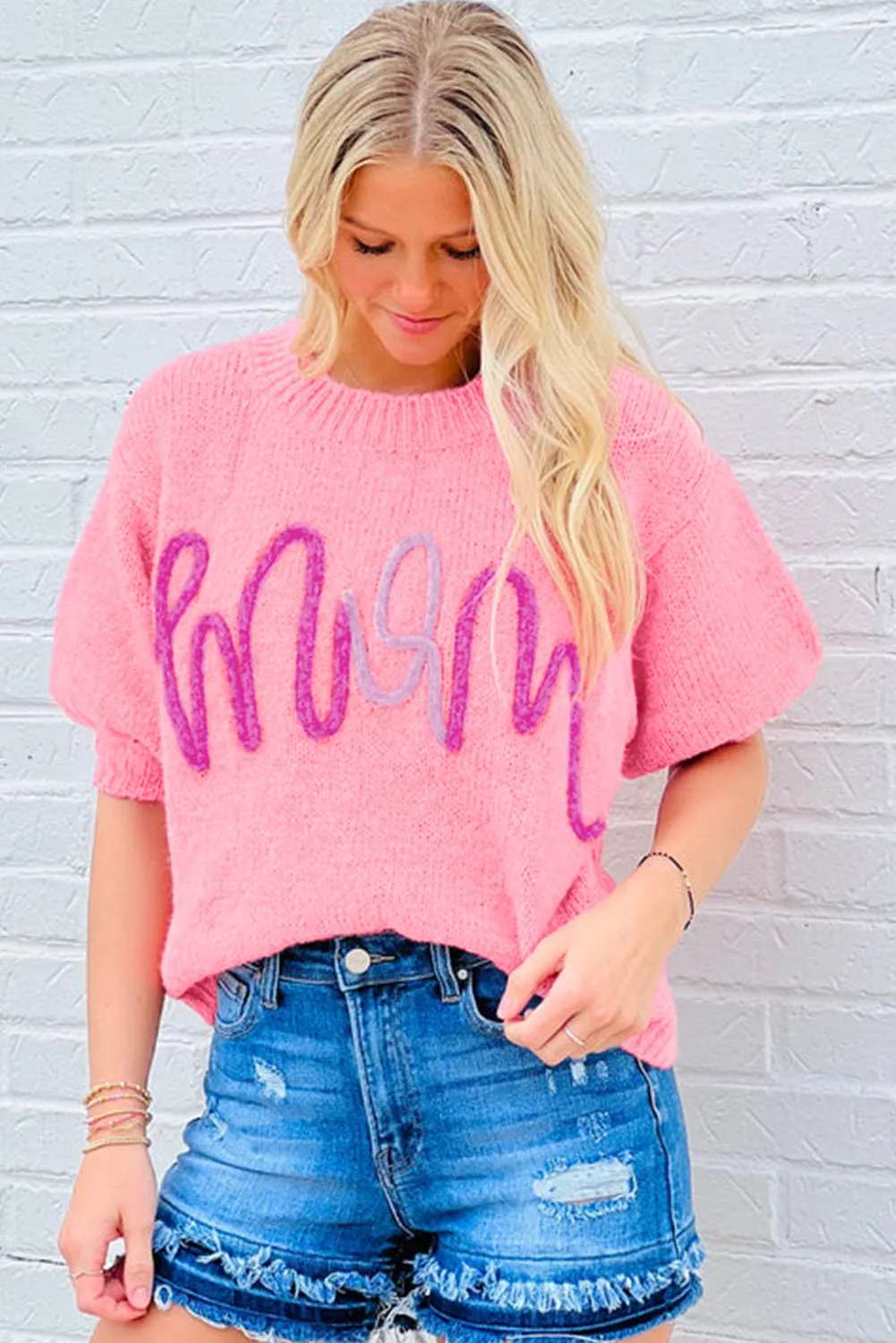 Women Pink Mom Letter Pattern Short Puff Sleeve Sweater