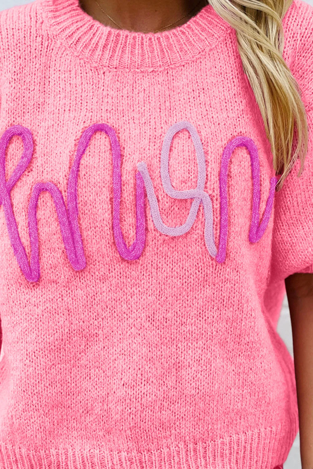 Women Pink Mom Letter Pattern Short Puff Sleeve Sweater