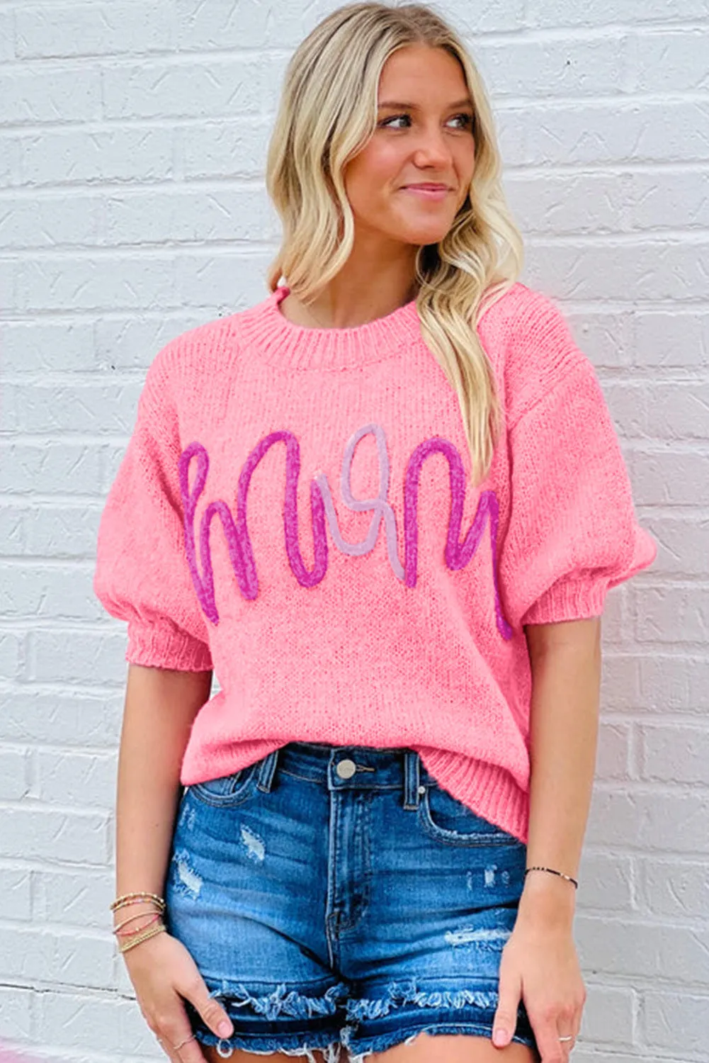 Women Pink Mom Letter Pattern Short Puff Sleeve Sweater