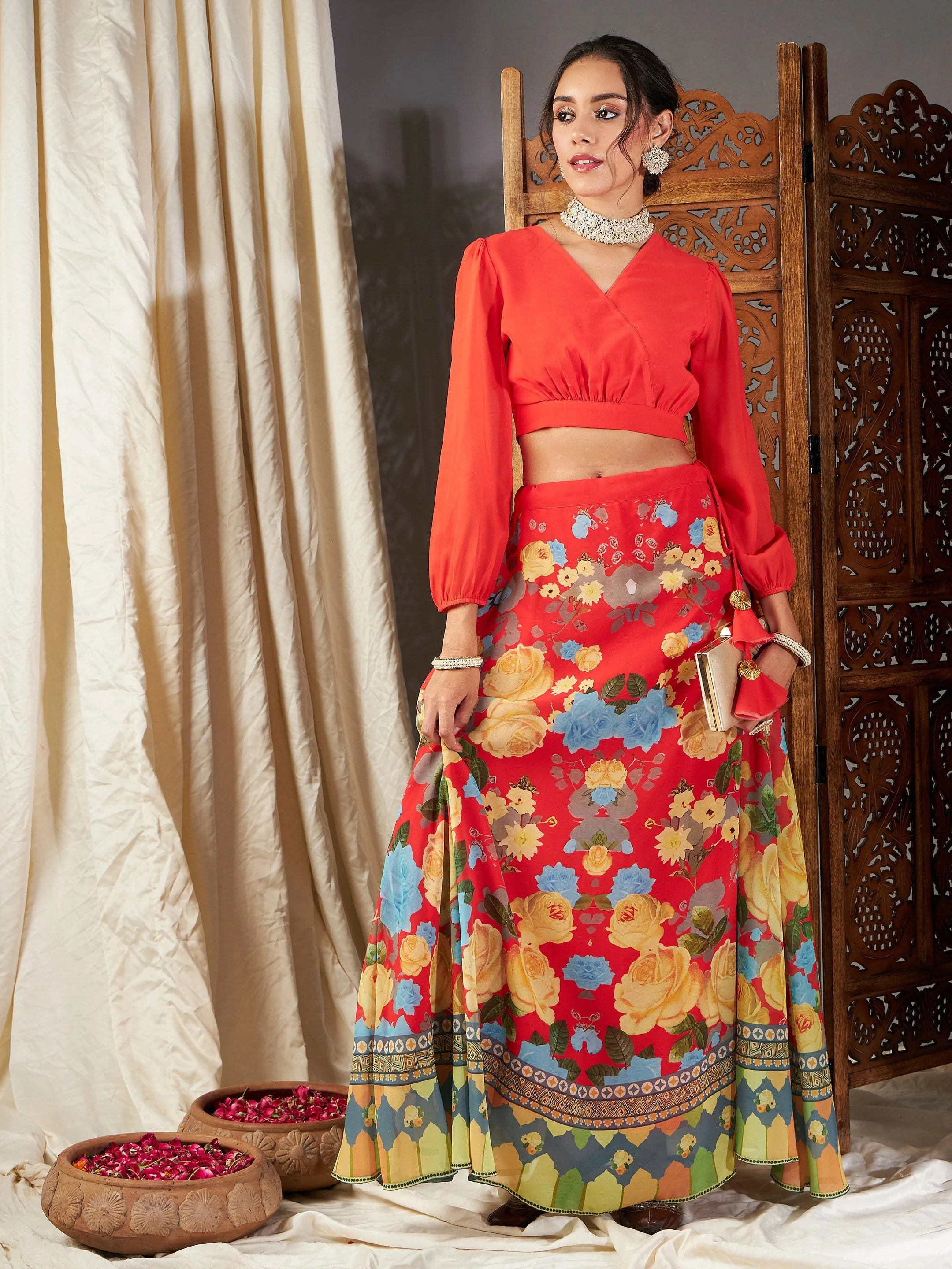 Women Red & Yellow Floral Bias Flared Skirt With Crop Top