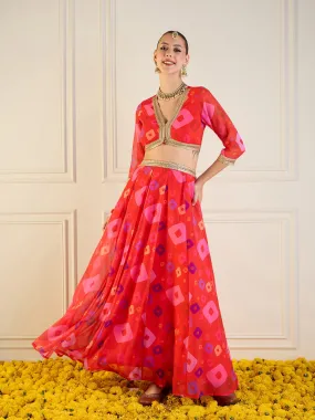 Women Red Bandhej Anarkali Skirt With Crop Top