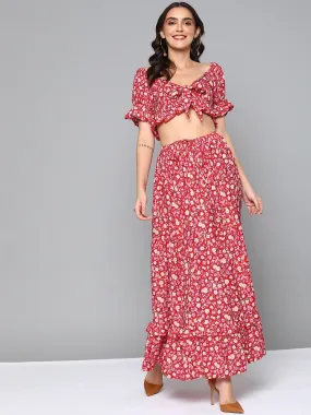 Women Red Ditsy Floral Volume Sleeve Top With Maxi Skirt