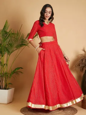 Women Red Dot Foil Print Anarkali Skirt With Crop Top