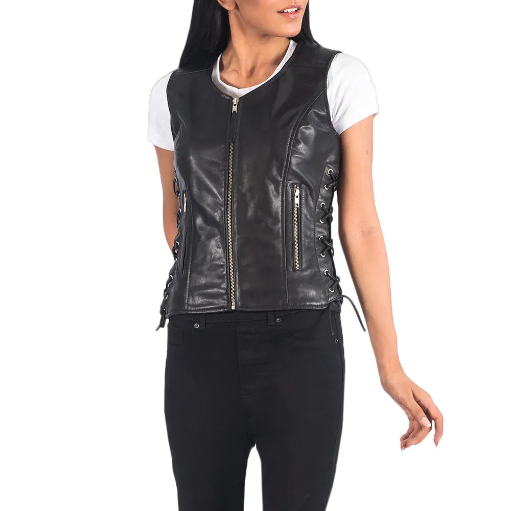 Womens Black Leather Biker Vest