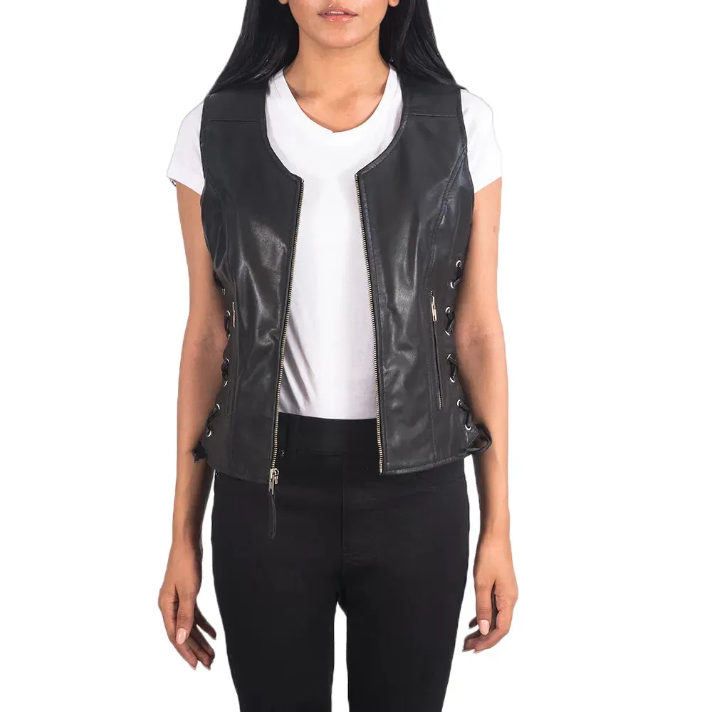 Womens Black Leather Biker Vest