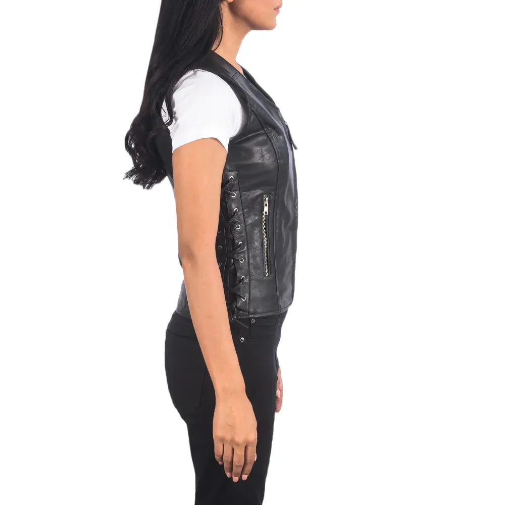 Womens Black Leather Biker Vest