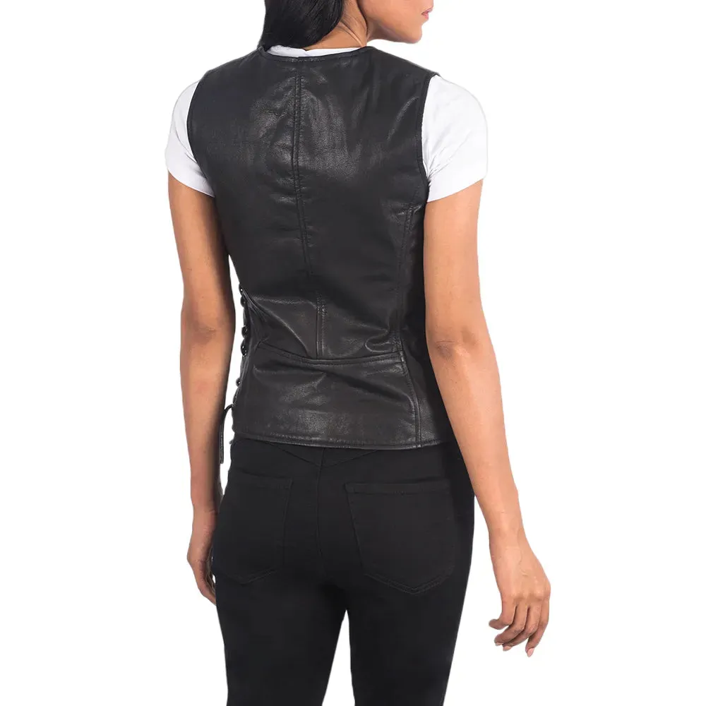 Womens Black Leather Biker Vest