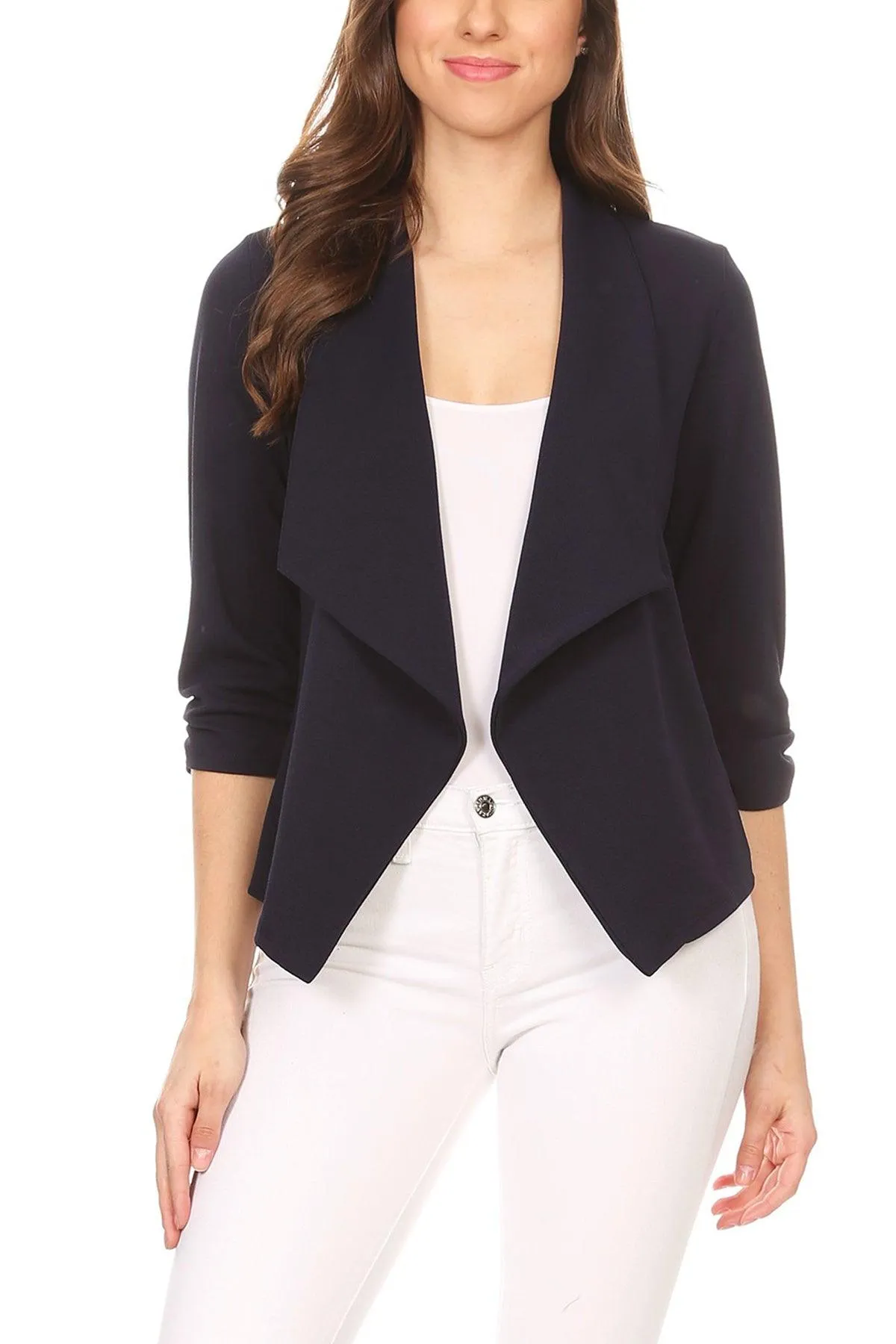 Women's Casual 3/4 Sleeve Fitted Solid Open Front  Blazer Jacket Made in USA